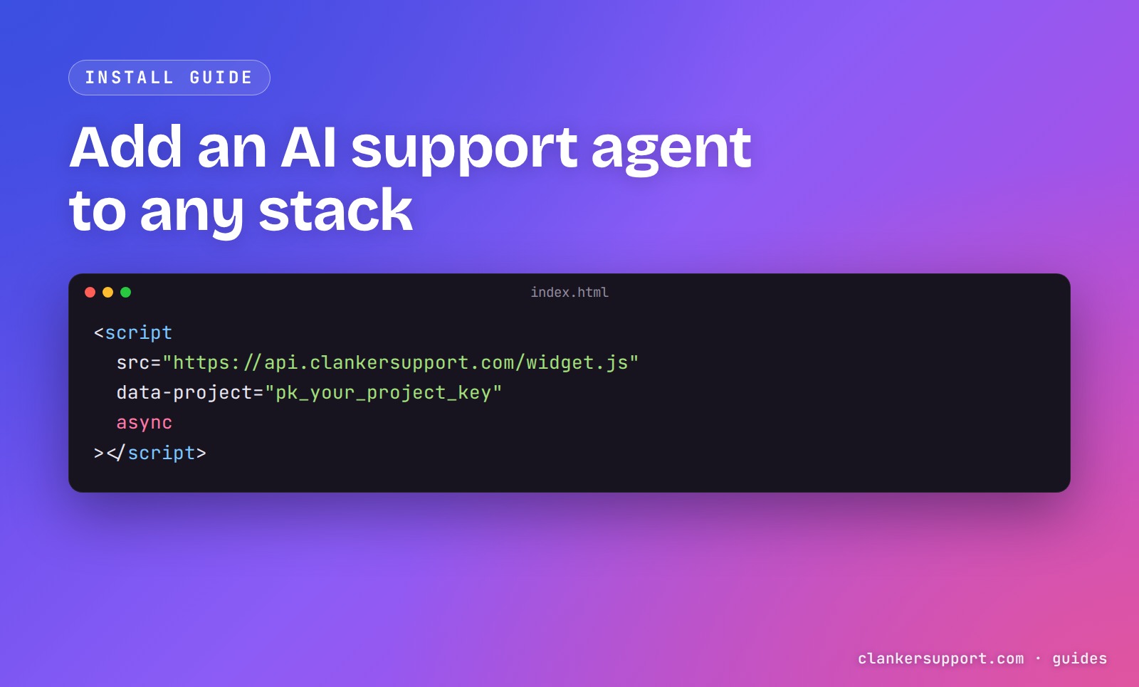 A dark code editor window showing a one-line script tag install for an AI support agent, on a violet gradient background