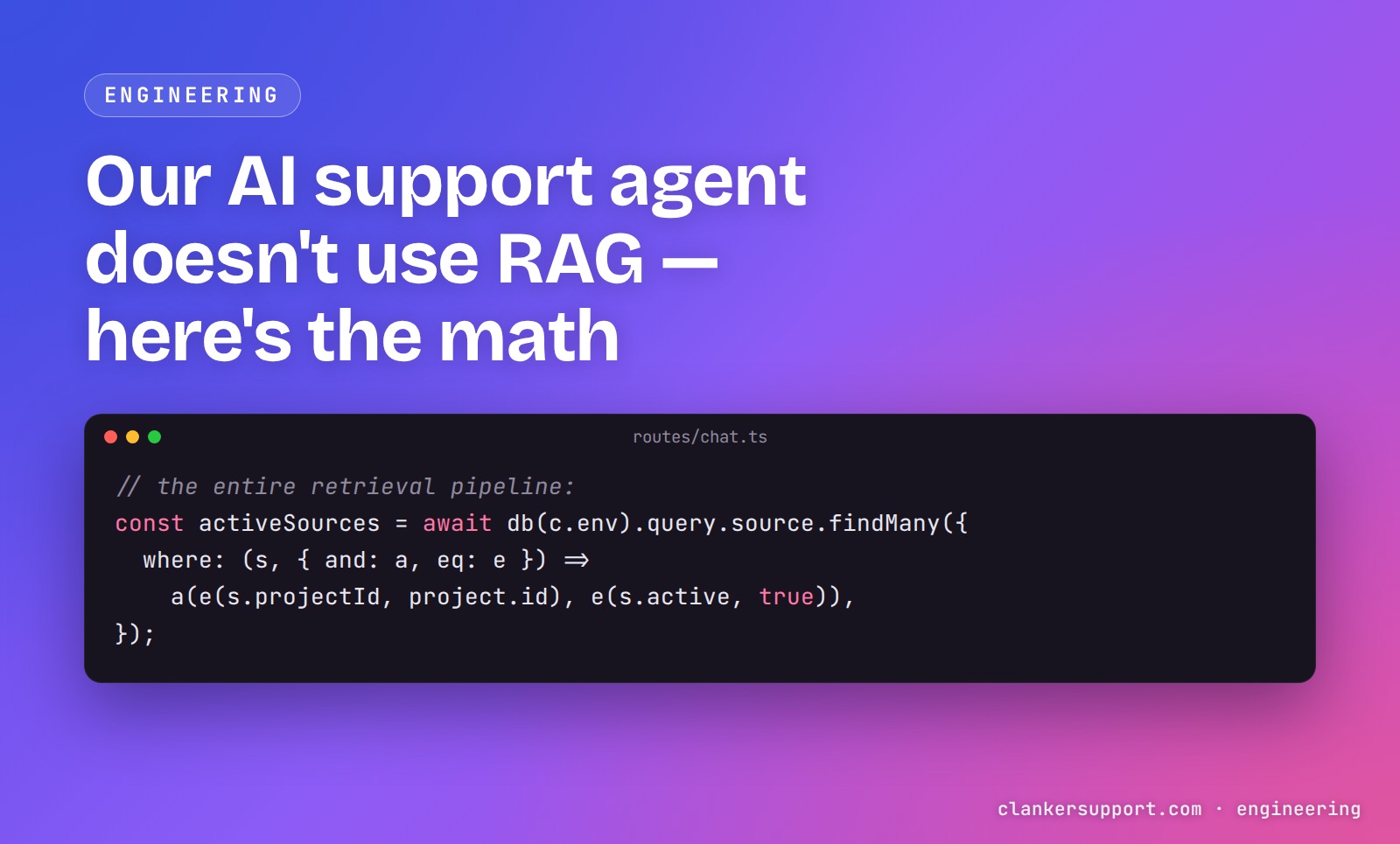 A dark code window on a violet gradient showing the database query that loads every active knowledge source — MovinSupport's entire retrieval pipeline
