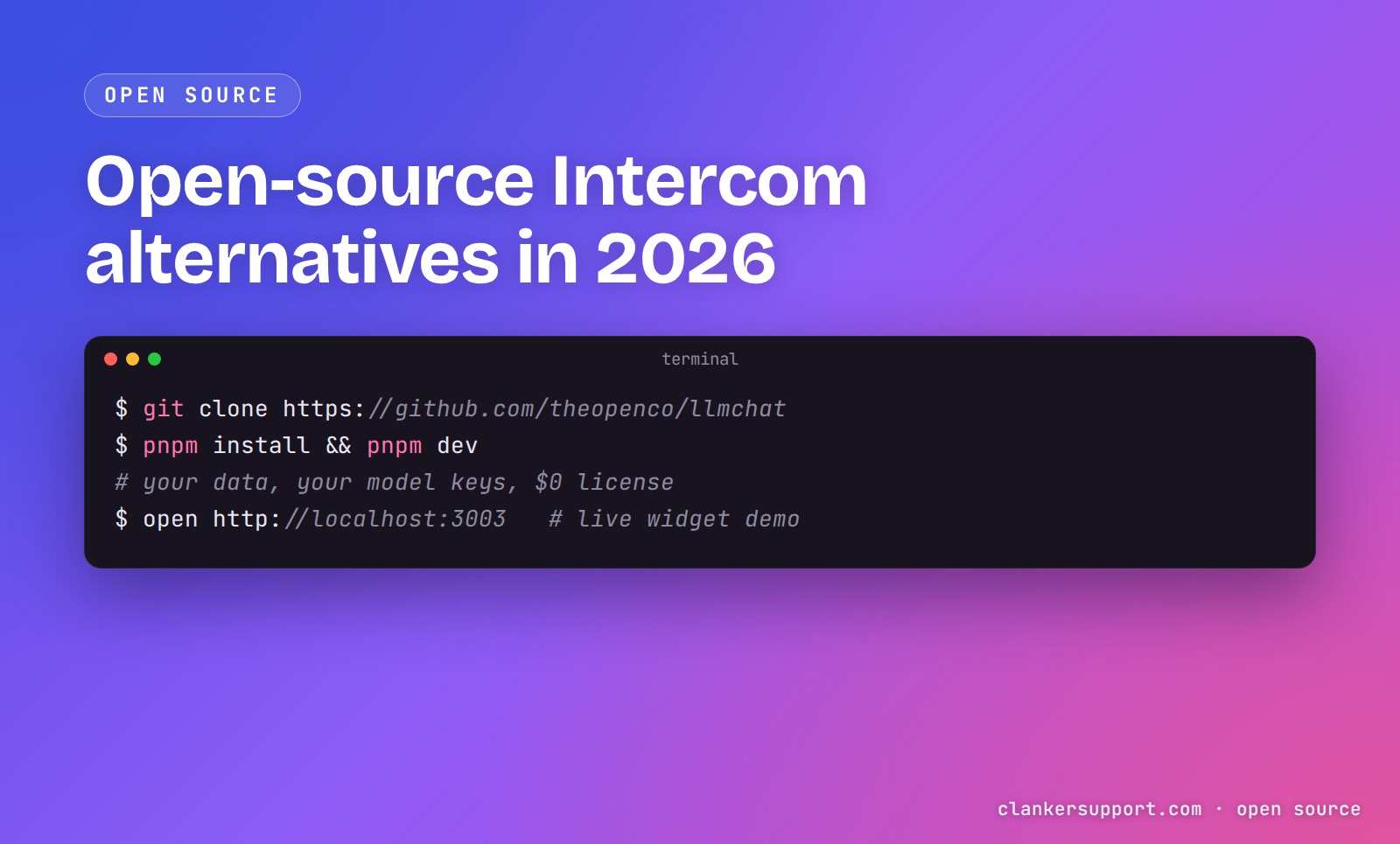 Terminal commands cloning and running the open-source llmchat stack, in a dark terminal window on a violet gradient