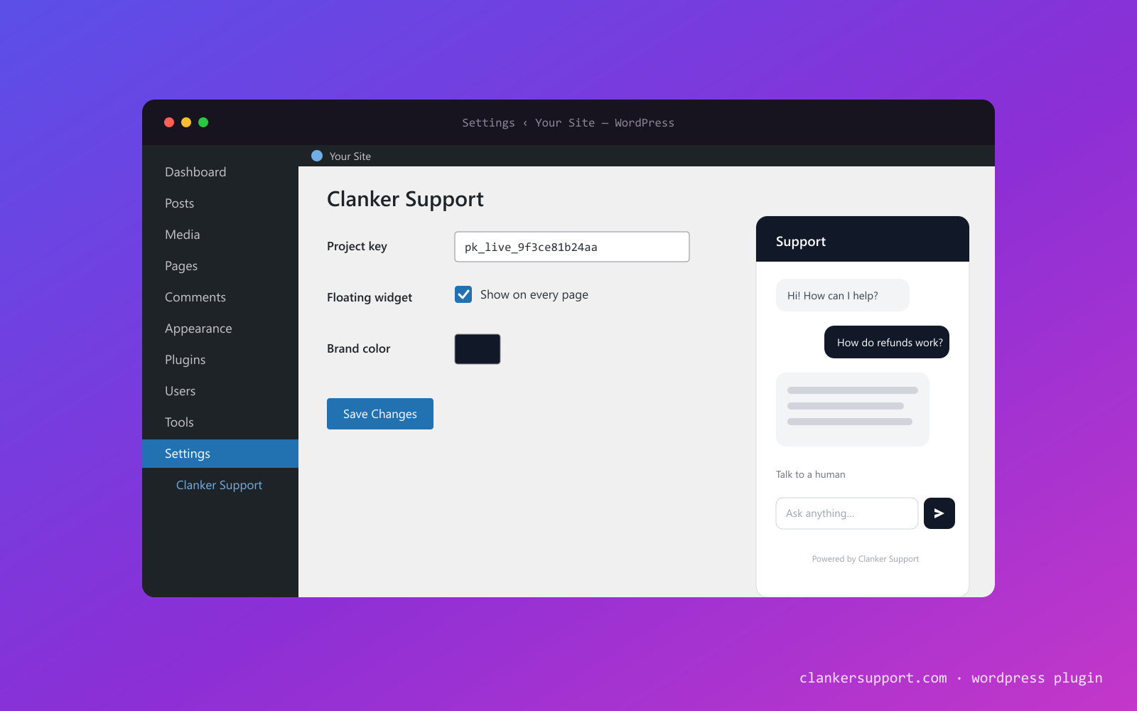 WordPress admin showing the MovinSupport settings page with the chat widget open in the corner