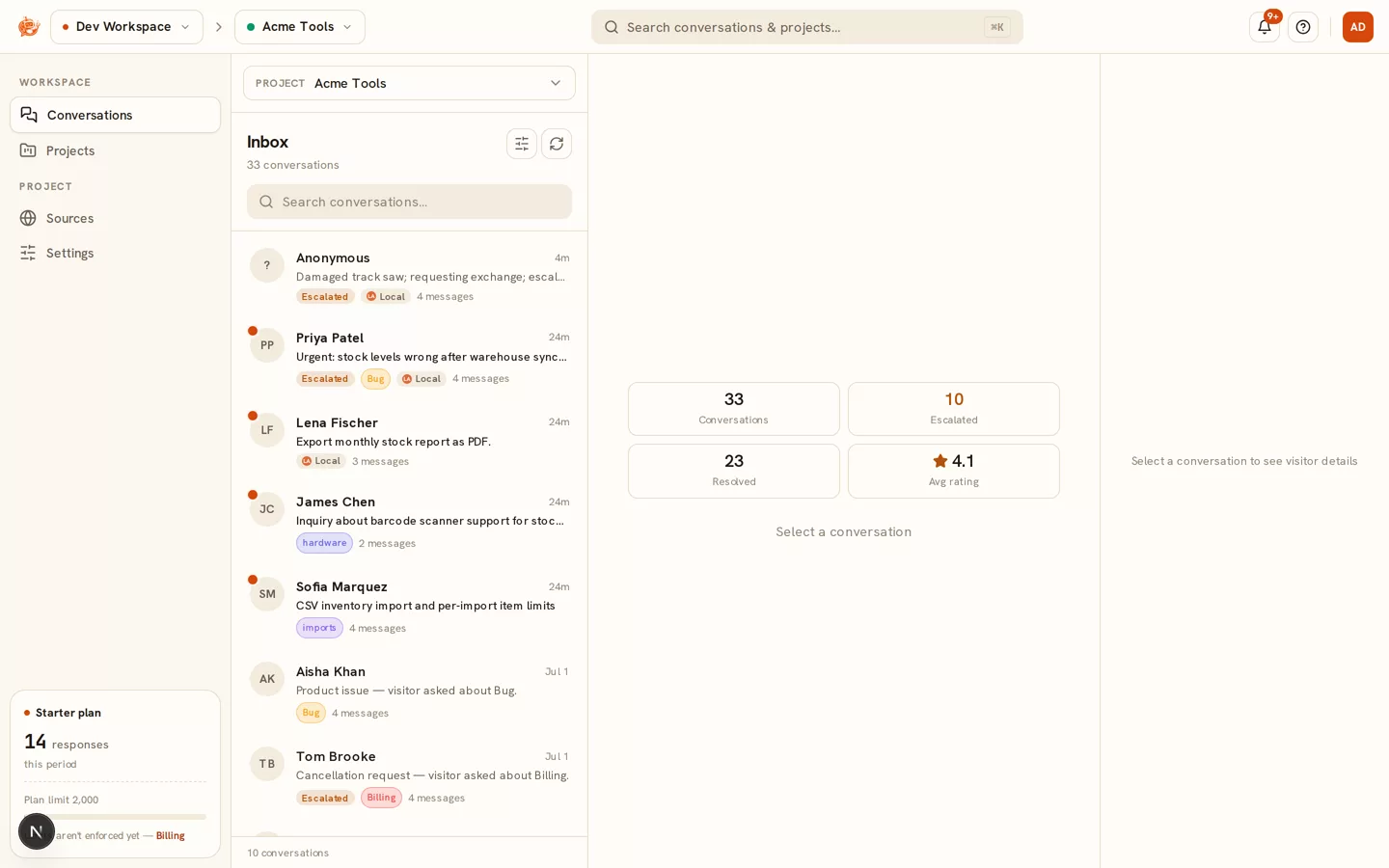 The MovinSupport team inbox listing AI and escalated conversations